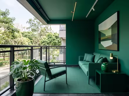 AI-generated color drench balcony interior design: walls drenched in a single saturated hue