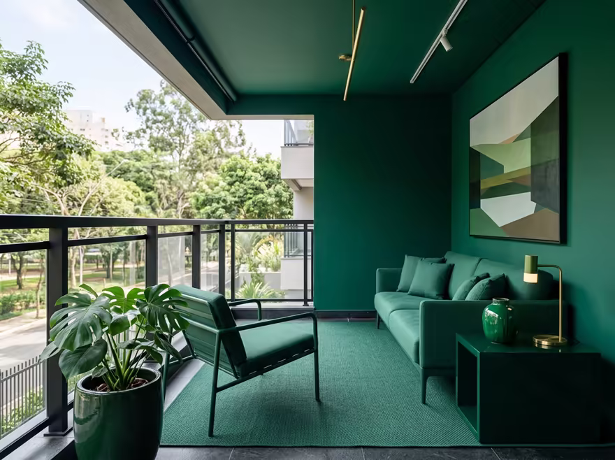 AI-generated color drench balcony interior design: walls drenched in a single saturated hue