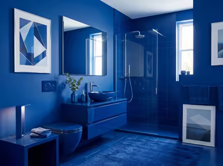 AI-generated color drench bathroom interior design: walls drenched in a single saturated hue