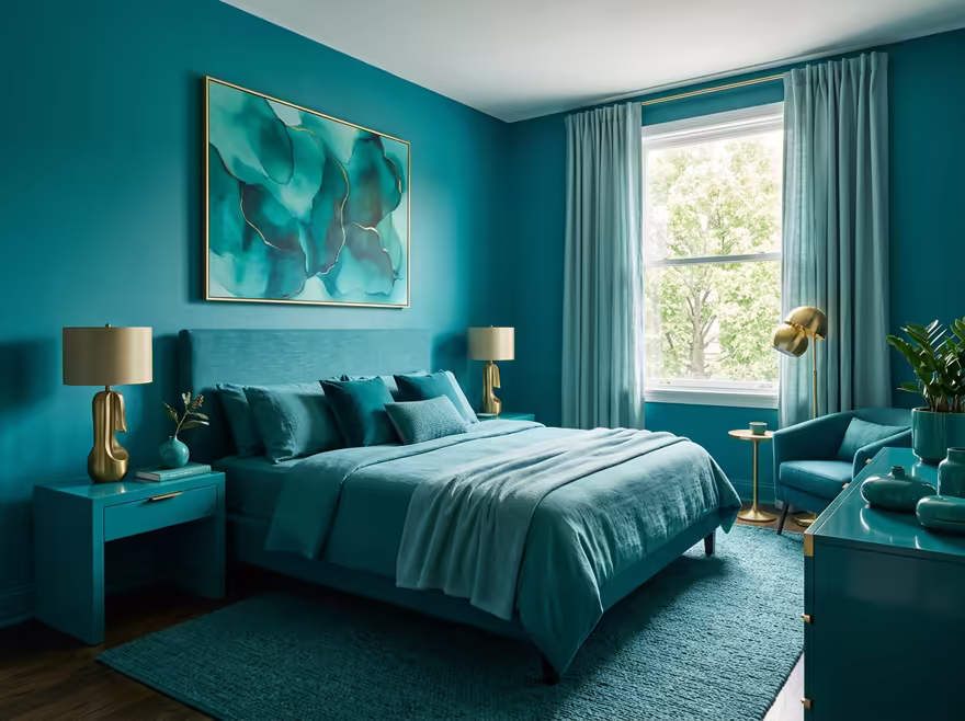 AI-generated color drench bedroom interior design: walls drenched in a single saturated hue