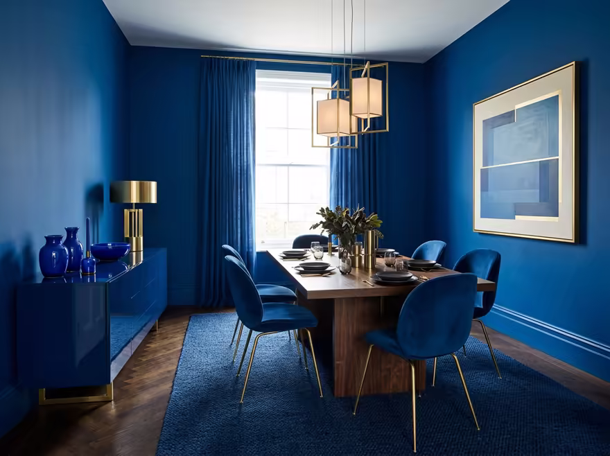 AI-generated color drench dining room interior design: walls drenched in a single saturated hue