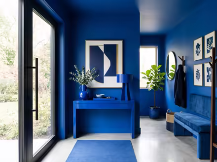 AI-generated color drench entryway interior design: walls drenched in a single saturated hue