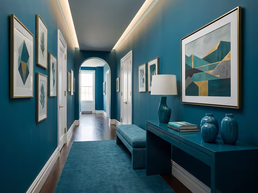 AI-generated color drench hallway interior design: walls drenched in a single saturated hue