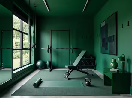 AI-generated color drench home gym interior design: walls drenched in a single saturated hue