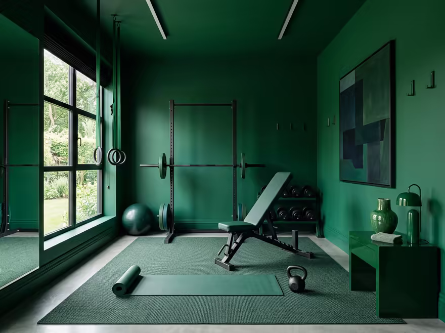 AI-generated color drench home gym interior design: walls drenched in a single saturated hue