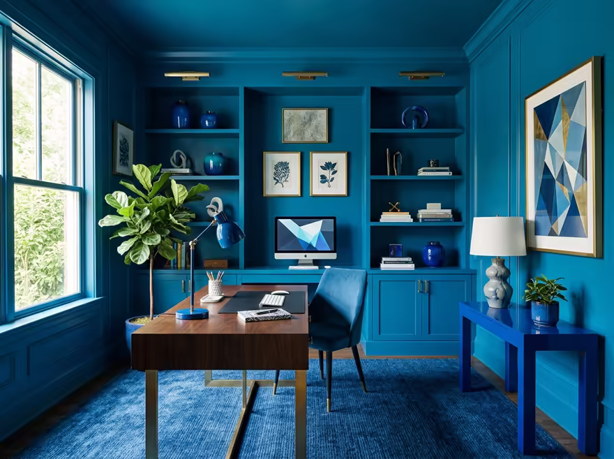 AI-generated color drench home office interior design: walls drenched in a single saturated hue