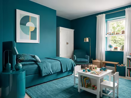 AI-generated color drench kids room interior design: walls drenched in a single saturated hue