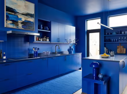 AI-generated color drench kitchen interior design: walls drenched in a single saturated hue