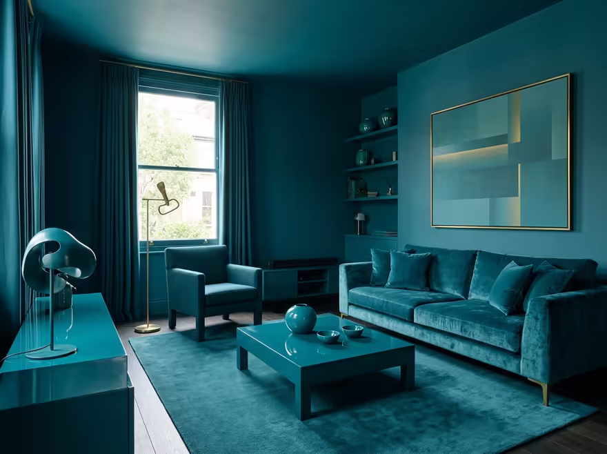 AI-generated color drench living room interior design: walls drenched in a single saturated hue