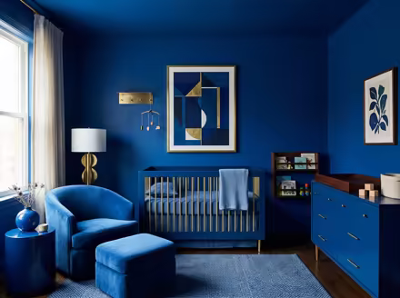 AI-generated color drench nursery interior design: walls drenched in a single saturated hue