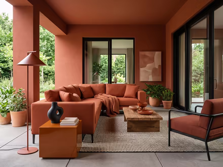 AI-generated color drench patio interior design: walls drenched in a single saturated hue