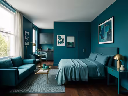 AI-generated color drench studio apartment interior design: walls drenched in a single saturated hue