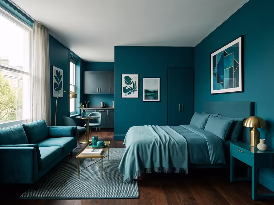 AI-generated color drench studio apartment interior design: walls drenched in a single saturated hue
