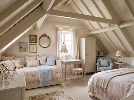 AI-generated coquette attic interior design: delicate curved furniture