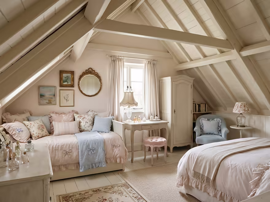 AI-generated coquette attic interior design: delicate curved furniture