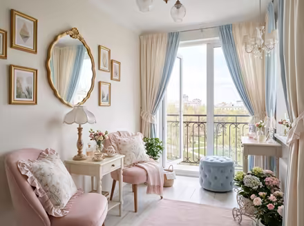 AI-generated coquette balcony interior design: delicate curved furniture