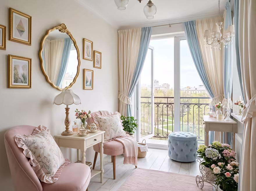 AI-generated coquette balcony interior design: delicate curved furniture