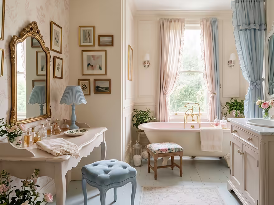 AI-generated coquette bathroom interior design: delicate curved furniture