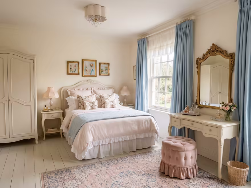 AI-generated coquette bedroom interior design: delicate curved furniture