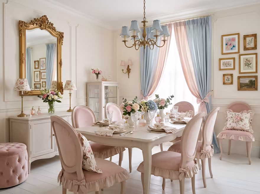 AI-generated coquette dining room interior design: delicate curved furniture