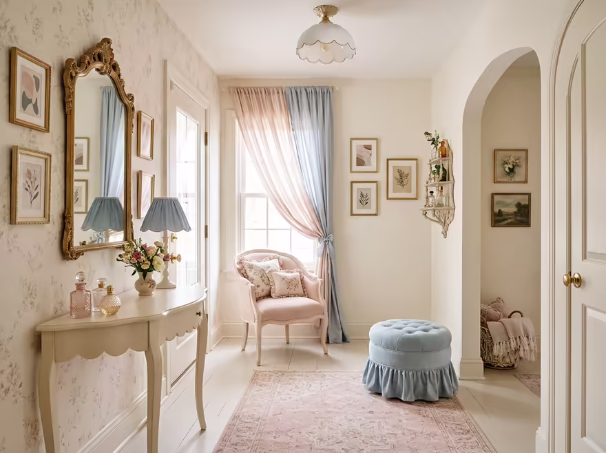 AI-generated coquette entryway interior design: delicate curved furniture