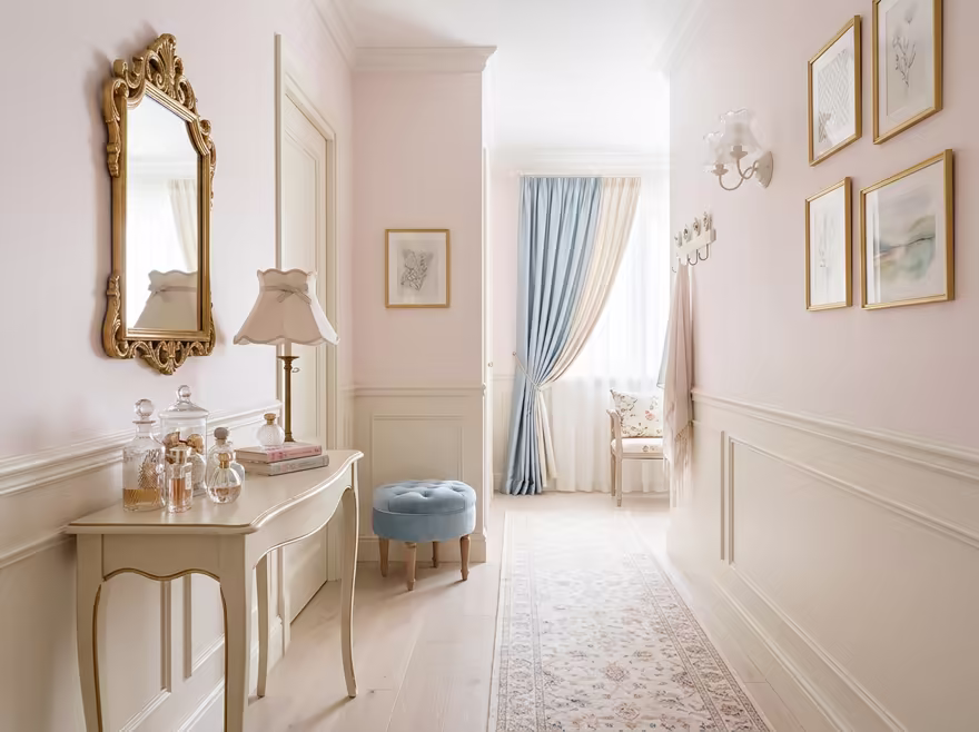 AI-generated coquette hallway interior design: delicate curved furniture
