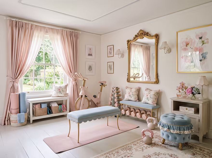 AI-generated coquette home gym interior design: delicate curved furniture
