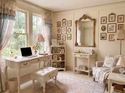 AI-generated coquette home office interior design: delicate curved furniture