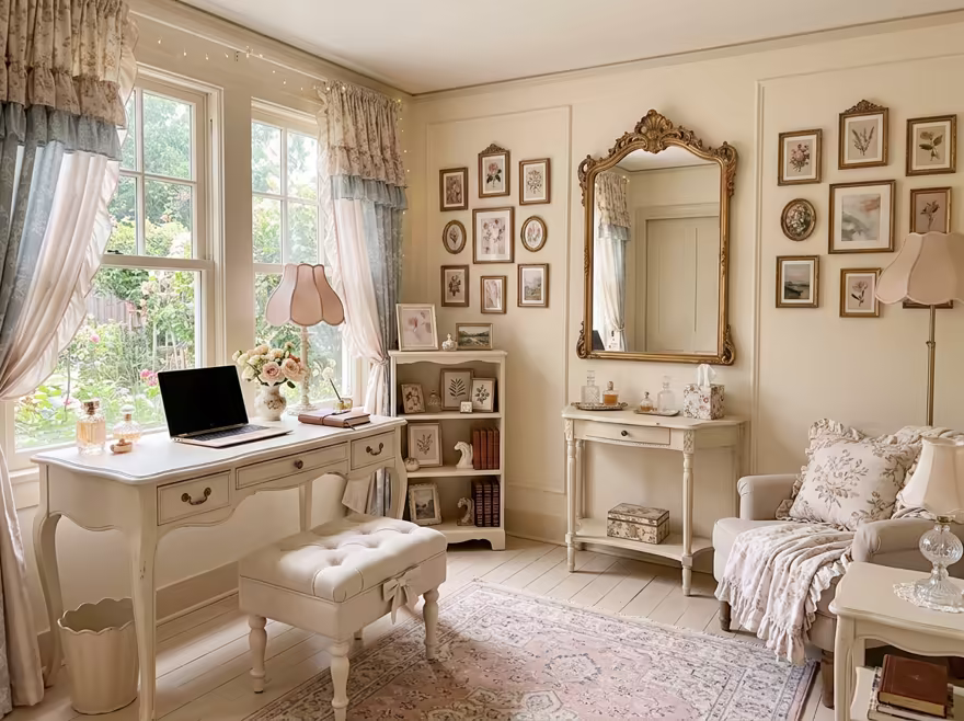 AI-generated coquette home office interior design: delicate curved furniture