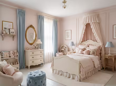 AI-generated coquette kids room interior design: delicate curved furniture