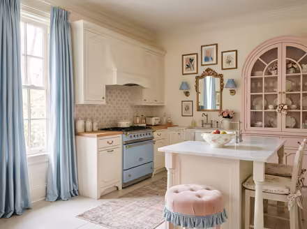 AI-generated coquette kitchen interior design: delicate curved furniture