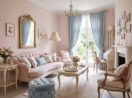 AI-generated coquette living room interior design: delicate curved furniture
