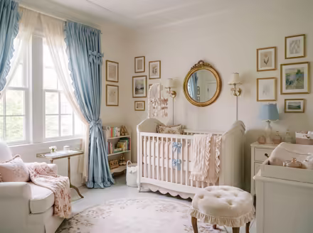 AI-generated coquette nursery interior design: delicate curved furniture