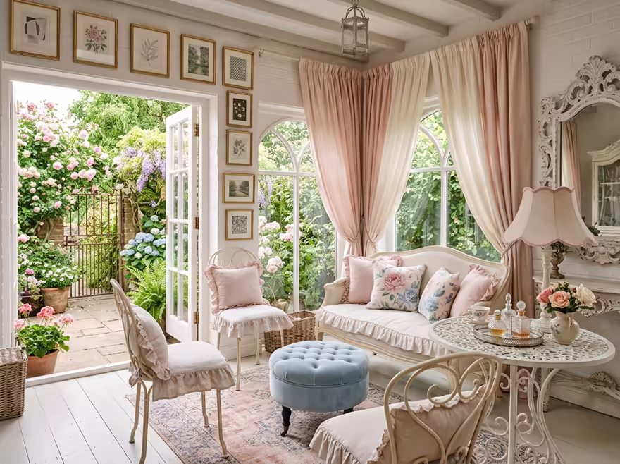 AI-generated coquette patio interior design: delicate curved furniture