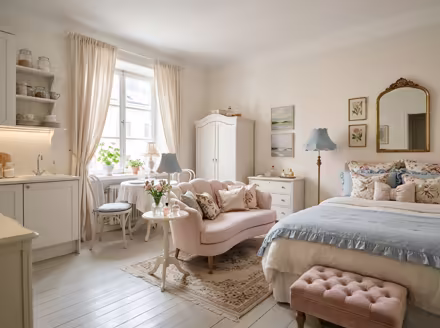 AI-generated coquette studio apartment interior design: delicate curved furniture