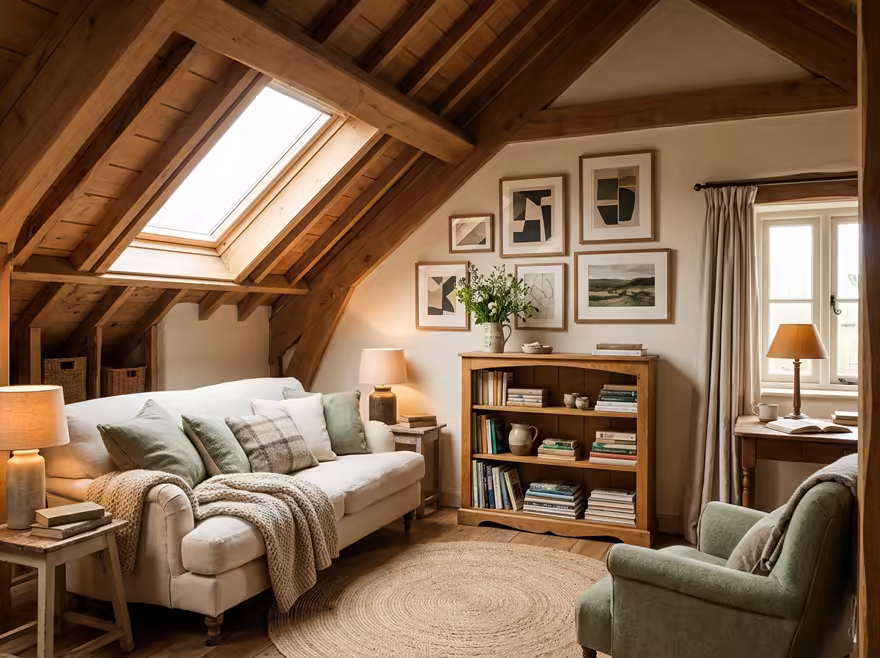 AI-generated cozy cottage attic interior design: soft linen and wool textiles in cream and sage green