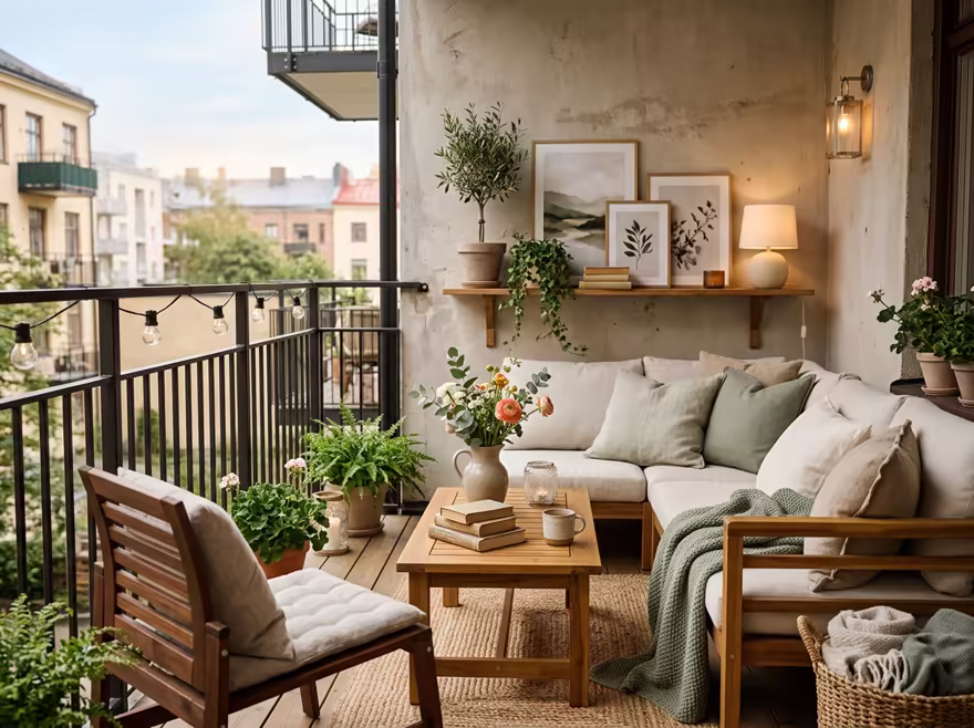 AI-generated cozy cottage balcony interior design: soft linen and wool textiles in cream and sage green