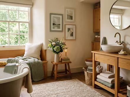 AI-generated cozy cottage bathroom interior design: soft linen and wool textiles in cream and sage green