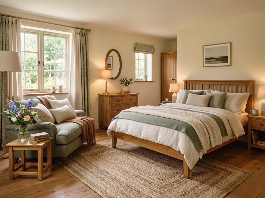 AI-generated cozy cottage bedroom interior design: soft linen and wool textiles in cream and sage green