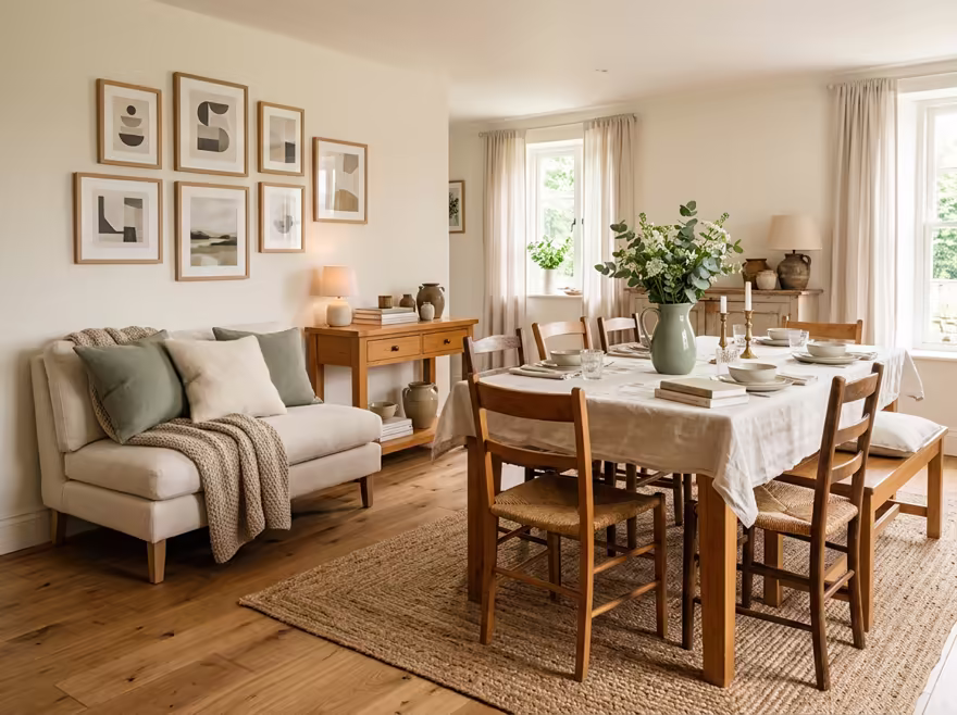 AI-generated cozy cottage dining room interior design: soft linen and wool textiles in cream and sage green