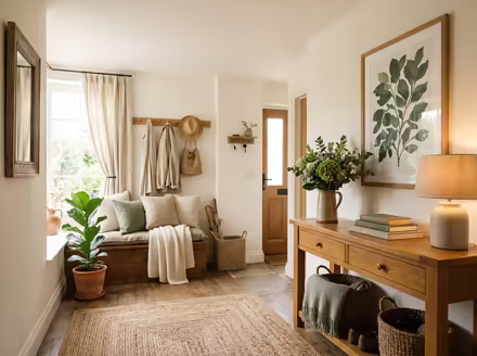 AI-generated cozy cottage entryway interior design: soft linen and wool textiles in cream and sage green