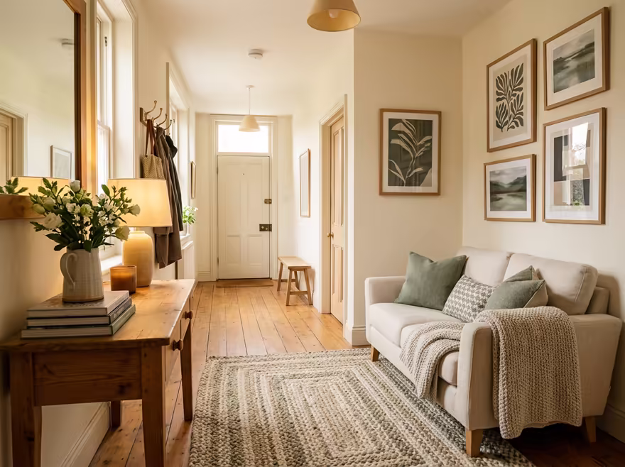 AI-generated cozy cottage hallway interior design: soft linen and wool textiles in cream and sage green