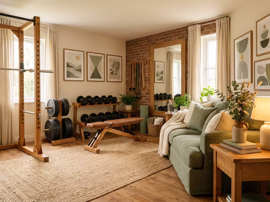 AI-generated cozy cottage home gym interior design: soft linen and wool textiles in cream and sage green