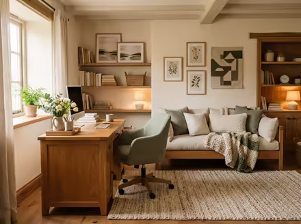AI-generated cozy cottage home office interior design: soft linen and wool textiles in cream and sage green