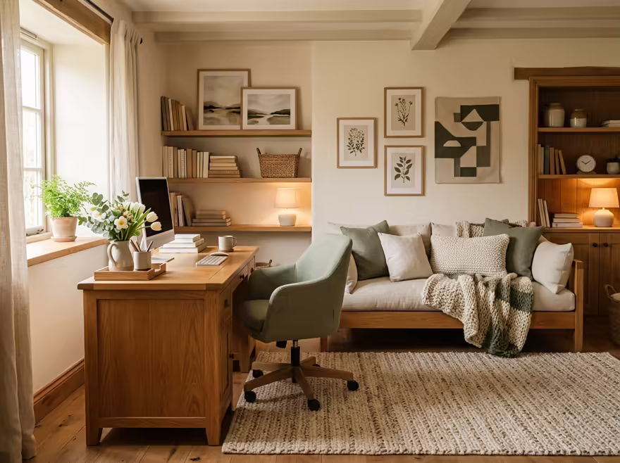 AI-generated cozy cottage home office interior design: soft linen and wool textiles in cream and sage green
