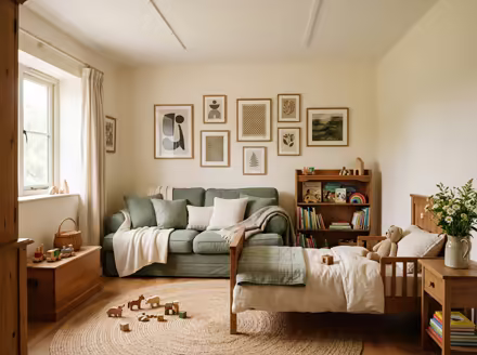 AI-generated cozy cottage kids room interior design: soft linen and wool textiles in cream and sage green