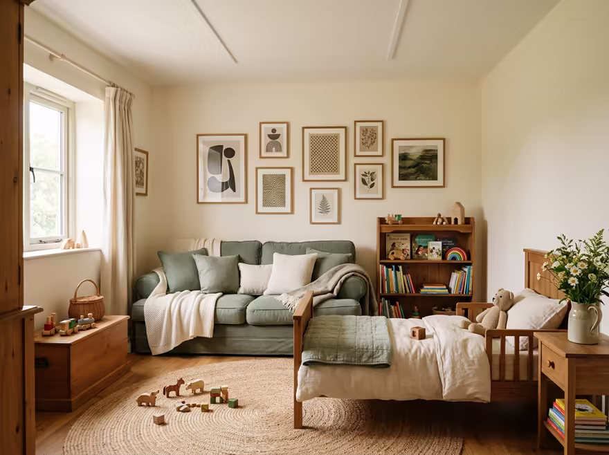 AI-generated cozy cottage kids room interior design: soft linen and wool textiles in cream and sage green