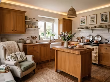 AI-generated cozy cottage kitchen interior design: soft linen and wool textiles in cream and sage green