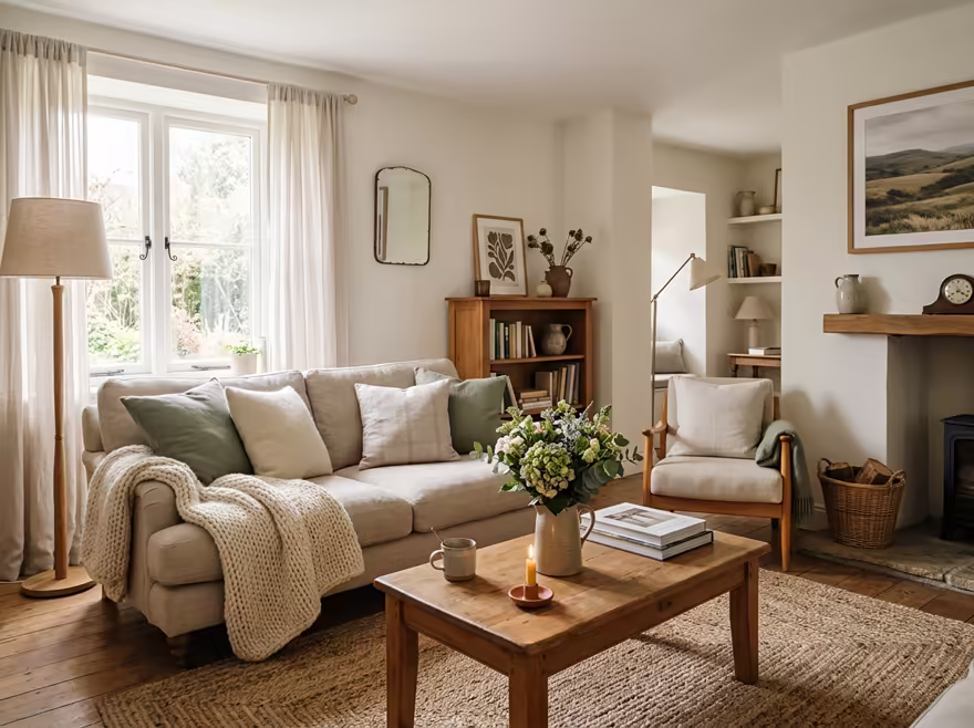 AI-generated cozy cottage living room interior design: soft linen and wool textiles in cream and sage green