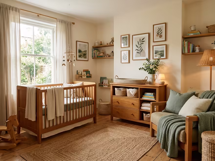 AI-generated cozy cottage nursery interior design: soft linen and wool textiles in cream and sage green
